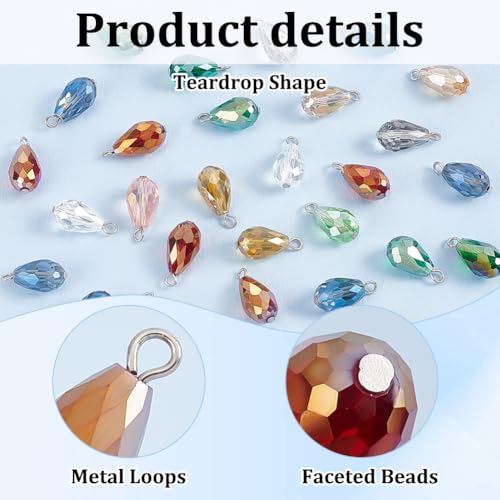 PH PandaHall 70pcs 14 Colors Faceted Teardrop Charms 20mm AB Color Glass Crystal Pendants, Glass Charms Beads Dangle Pendants for Necklace Earring Bracelet Jewelry Craft Making