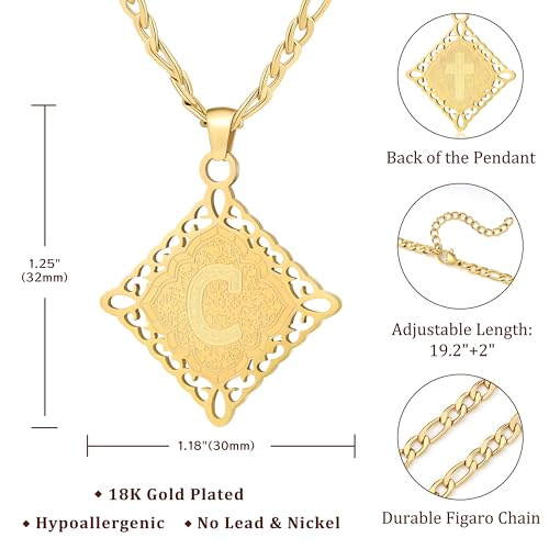 LETFLY Initial Necklaces for Women Men, 18K Gold Plated Letter Cross Pendant Necklace Alphabets A-Z Figaro Chain Jewelry Gifts - color: Rhombic, style: Letter C