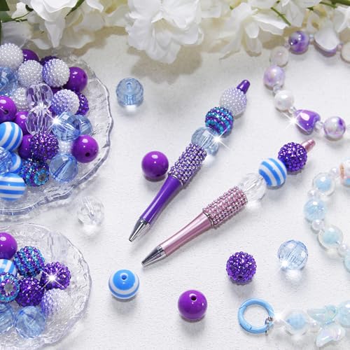 48 Pcs 20mm Beads for Pens Rhinestone Bubblegum Beads Blue Purple Crystal Acrylic Round Chunky Bead Sparkly Craft Large Balls Bead for Pen Beadable Keychain Bracelet DIY Jewelry Making Supplies - color: Light Blue