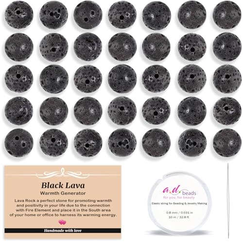 AD Beads 100pcs 10mm Natural Black Lave Round Beads, Healing Energy Gemstone DIY Jewelry Kit with Elastic Cord and Needle - color: Black Lave, size: 10mm-100pcs
