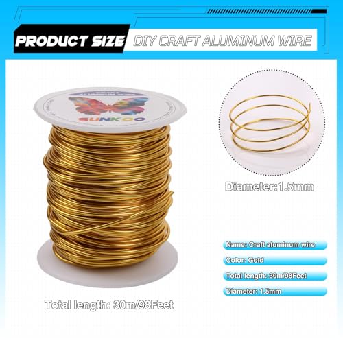 Aluminum Craft Wire,15 Gauge (1.5mm) Gold Bendable Wire,100 Feet Continuous Roll for Jewelry Making,Sculpting,Floral & Armature Projects - size: 15 Gauge 100Ft, style: Gold