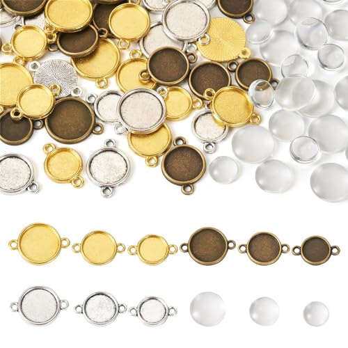 FASHEWELRY 36Pcs Alloy Flat Round Pendant Tray Blanks Bezel Cabochon Settings 2 Holes Photo Charms Connector Memorial Photo Pendant with Glass Cabochons for Graduation Decor - color: Mixed Color-Flat Round