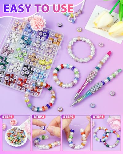 120PCS FIVEIZERO Rhinestone Large Hole Beads for Jewelry Making, 20 Colors Rhinestone European Bead Bulk Spacer Beads for Beadable Pens, DIY Crafts