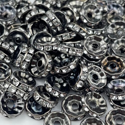 80pcs 10mm Rondelle Spacer Beads Gun-Black Plated Crystal Rhinestone Spacer Loose Beads for Jewelry Making DIY Bracelets Necklace Earring Craft(Gun-Black White) - color: Gun-Black White, size: 10mm
