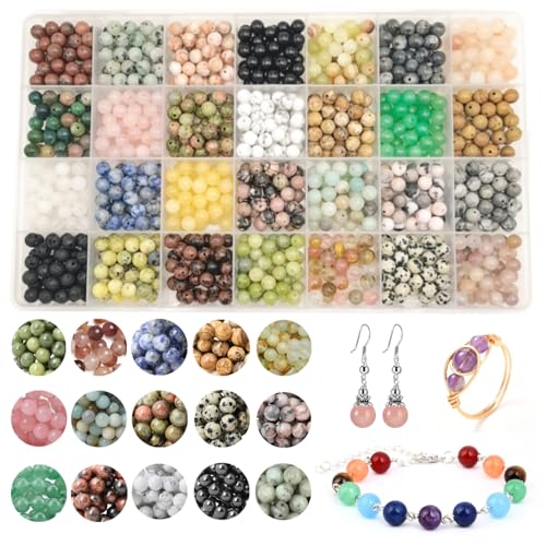1120pcs Natural Stone Beads Polished Beading 6mm Loose Beads Gemstone Crystal Energy Stone Healing Power for DIY Jewelry Making (6mm 28 Materials A) - color: 28 Materials A, size: 6mm