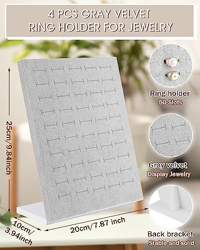 Henoyso 4 Pcs Velvet Ring Display 50 Slots L-Shaped Ring Display Stand Tray Holder for Selling Earring Jewelry - color: Grey
