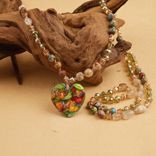 Long Necklaces for Women Boho, Oval Waterdrop Turquoise Pendant, Natural Stone Beaded, Handmade,Vintage & Elegance, Boho Fashion Charm Beaded Necklace for Women - style: E-Jasper Pendant
