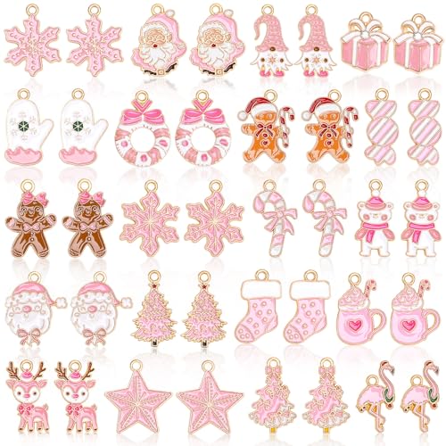 MARFOREVER 40 Pcs/20 Pairs Christmas Charms for Jewelry Making, Pink Christmas Enamel Charm Holiday Xmas Bangle Pendants for Bracelet Necklace Earrings Making Accessories - style: Pink Christmas