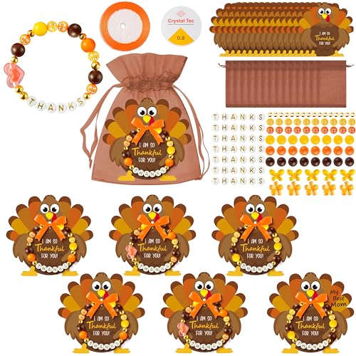 BeYumi Thanksgiving Bracelet Craft Kit - 24 Pack Fall DIY Thanks Letter Beads Friendship Bracelets with Turkey Gift Cards Thankful Craft Kit Party School Classroom Fun Activities for Kids Ages 6-12 - style: THANKS