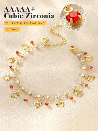 U7 Women Girls Barefoot Jewelry 18K Gold or Rose Gold Stainless Steel Heart/Rope/Figaro/Cuban Chain Anklet Foot Bracelet, 25-30 CM Long - color: Gold Plated-Red-Heart Charm