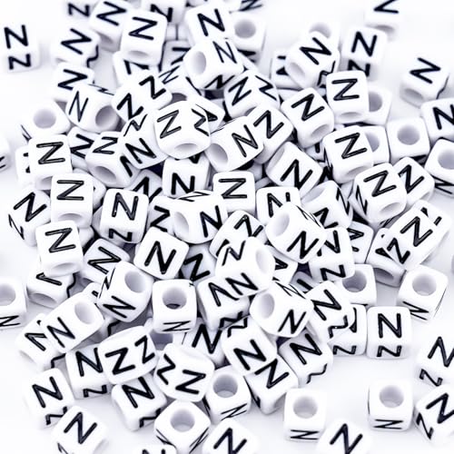500Pcs Square Letter Beads N 6X6mm Individual White Alphabet Beads for Charms Bracelets Making - color: Square - N