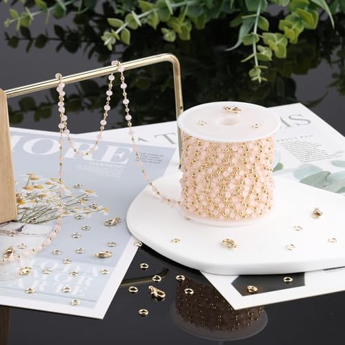 SMYHTGLIF 5 Meters Gold Plated Brass Bead Jewelry Making Chain Pink Crystal Chain Bulk Craft Chain with Lobster Clasps and Jump Rings for Jewelry Making - color: Pink