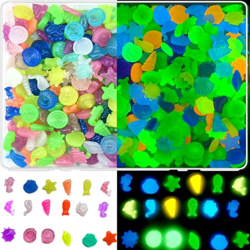 350Pcs Glow in The Dark Cute Sea Shell Animals Aquarium Beads UV Color Changing Beads Sun Sensitive Glowing Solar Luminous Beads Bulk for Home Aquarium Fish Tank Desktop Decoration(no Hole) - color: Sea Animals Theme Beads