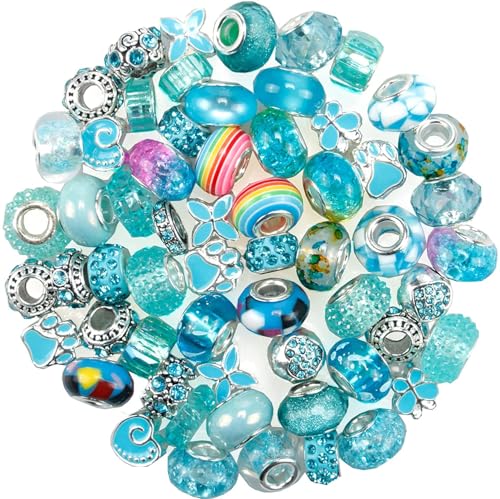 60 Pieces Assorted European Beads with Copper Core Big Hole Resin Spacer No Copper Core Lampwork Colorful Beads Rhinestone Craft Beads for DIY Charm Bracelet Jewelry Making (Sky Blue) - color: Sky Blue