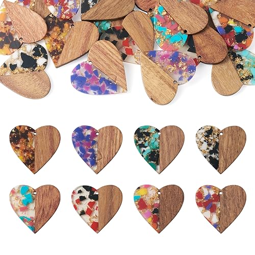 FASHEWELRY 16pc Heart Resin Wood Earrings & Charms - Gold Foil Wooden Earring Blanks & Findings for Jewelry Making - color: Heart with Gold Foil