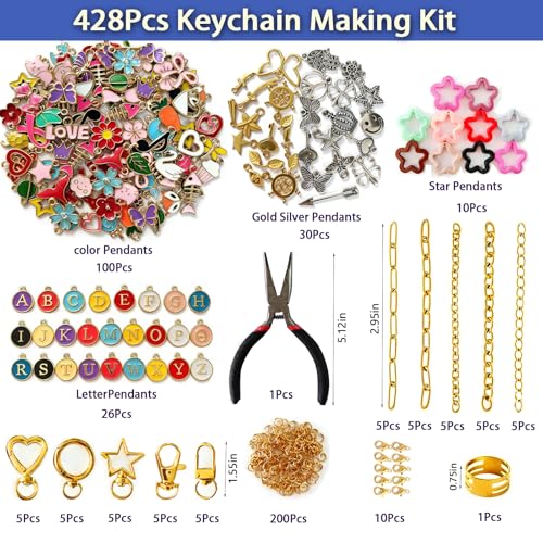 428Pcs Charms Lip Gloss Keychain Making Kit, DIY Craft Keychain Making Supplies with Charms, Jump Rings, Lobster Clasps, Key Chain Hooks, Extender Chains & Plier, Diy Bag Charm Kit for Craft Supplies