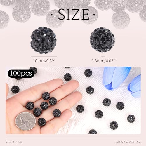 100 pcs 10mm Rhinestone Beads for Jewelry Making, Black Shiny Round Shamballa Disco Beads Bulk, Sparkle Crystal Clay Christmas for Bracelet Baseball Necklace Earring Crafting and DIY - color: Black, size: 10mm/100pcs