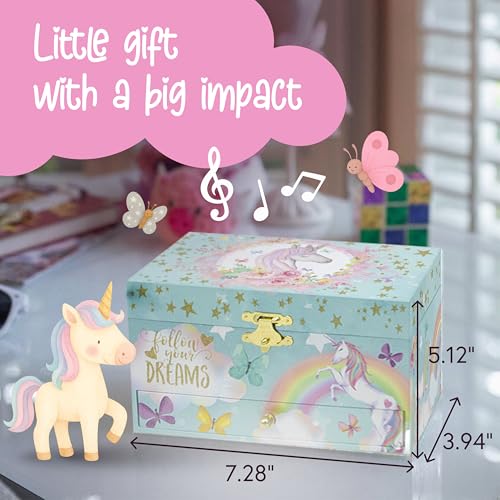 The Memory Building Co Unicorn Musical Jewelry Box Plays Classic Melody, Storage Organizer Music Box for Kids Ages 6-12, MDF Wood w/ 2 Fabric Lined Ring Bracelet Necklace Treasure Compartments - style: Unicorn