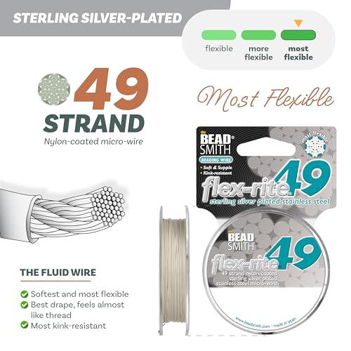 The Beadsmith Flex-Rite Beading Wire - 49-Strand Nylon-Coated Stainless-Steel Wire, 0.018" (0.45 mm) Dia, Sterling Silver-Plated, 30 ft Spool, Necklace & Bracelet String, for Jewelry Making Supplies - color: Sterling Silver-Plated, size: .018” Dia - 30 ft