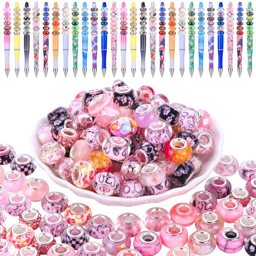 100 Pieces 14mm European Beads for Pens,Large Hole Beads for Charm Bracelet Jewelry Making Bulk, Decoration Lampwork Murano Glass Spacer Beads for Crafts Garden Stakes (Pink), V-E-2024-100-00 - color: Pink