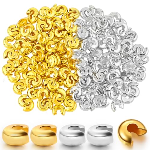 200pcs 5mm Crimp Bead Knot Covers Metal Half Round Open Crimp Beads Knot Covers Caps Jewelry Crimp Covers for Craft Supplies DIY Jewelry Making Accessory, Gold and Silver