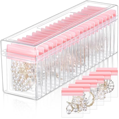 Kenning 21 Pcs Acrylic Jewelry Case Organizer, Clear Jewelry Organizers Holder with Portable Anti Tarnish Storage Bags for Rings, Earrings, Necklaces, Ideal Gifts for Women (Pink) - color: Pink