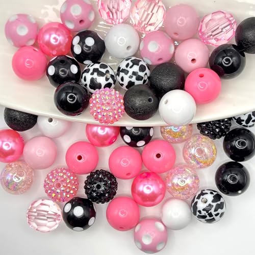 50PCS 20mm Bubblegum Beads，Multiple Styles Mixed Large Chunky Acrylic Beads for Jewelry Making，Round Chunky Bead for DIY Craft Pen Keychain Bracelets, Beadable Pen - color: colorful pink/black