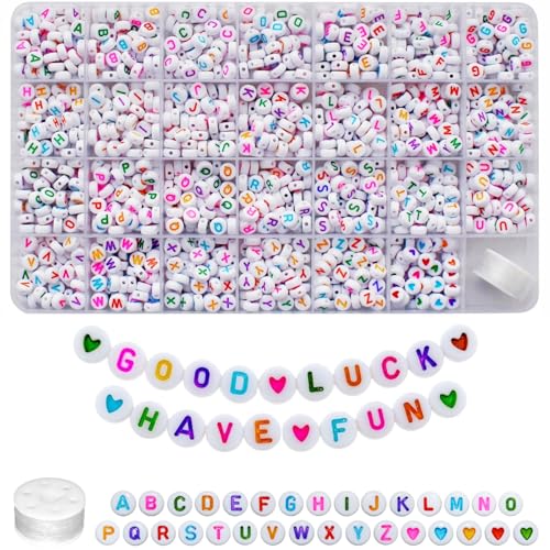 Amaney 1400pcs Colorful Letter Beads 4x7mm Alphabet A-Z Heart White Flat Round Acrylic Beads and Crystal Line for Jewelry Making Bracelets Necklaces Key Chains (Colorful Heart) - color: Colorful&heart, size: 7x4mm