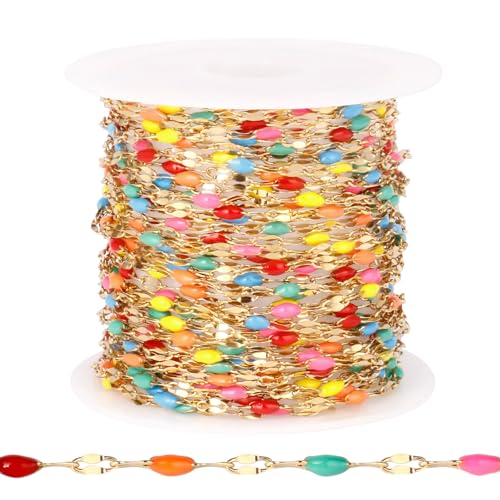 [16.5FT] 18K Gold PVD Plated Enamel Chains for Jewelry Making 2MM Stainless Steel Enamel Lip Link Chain Bulk for Necklace Bracelet - color: Gold Colorful