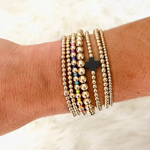 14K Gold Beaded Cross Beaded Bracelet Stack Set for Women,7PCS Bohemian Colorful Beads Ball Stretch Stackable Bracelets Trendy Holiday Birthday Gift - color: Black