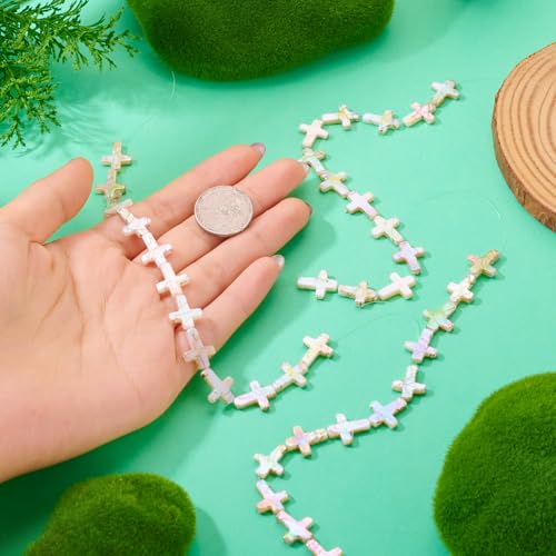 Beadthoven 36Pcs Cross Natural Freshwater Shell Beads 14.5x12mm Colorful Drawbench Painted Crucifix Cross Beads Small Jesus Christian Crosses Gemstone Loose Spacers for DIY Jewelry Making - color: Iridescent