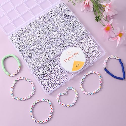 Acrylic Letter Beads 4mm Flat Round, 6mm Square - Beads for Making Friendship Bracelet or Necklace (26 Pieces of Flat Round White with Purple) - color: 26 pieces of flat round white with purple