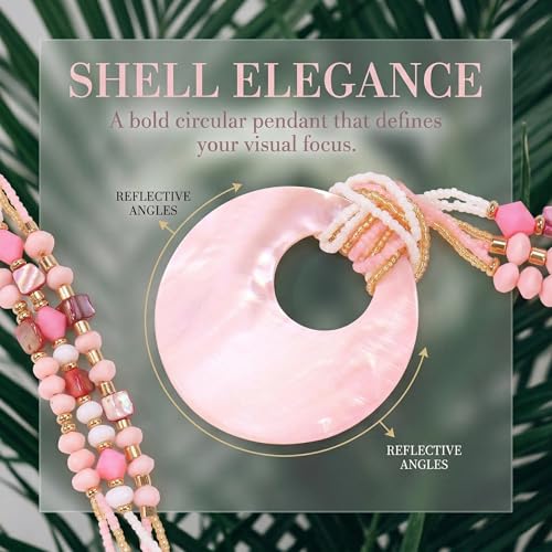 Coiris Shell Pendant Statement Strand Necklace for Women Boho Multi Beads Natural Stone Colorful Necklace Bohemian Handmade Chunky Shell Beaded Collar Jewelry for Women - color: Pink