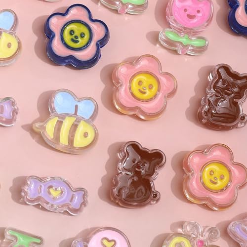 40PCS 20 Styles Large Acrylic Cute Assorted Beads for Jewelry Making Candy Tulip Flower Bear Duck Bee Butterfly Beads for Necklace Earrings Braclets Crafts Focal Beads Chunky Keychain Phone Charms