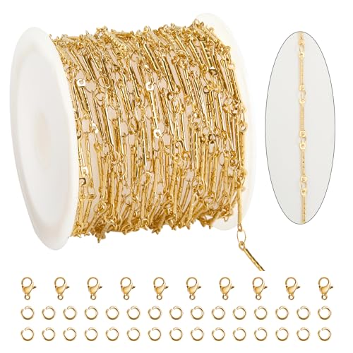 KYUNHOO 5 Meters Gold Plated Jewelry Making Chains on Spool Embossed Stick Chain Links Thin Craft Chain Stainless Steel Gold Chain for Handcraft DIY - color: Stick Gold
