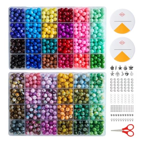 1300 Pcs Round Glass Beads for Jewelry Making – 8mm Beads in 48 Colors, 2 Box Set of Bulk Glass Beads for Bracelets, Crafts & DIY Gifts - color: Multicolor - 8MM Style 1