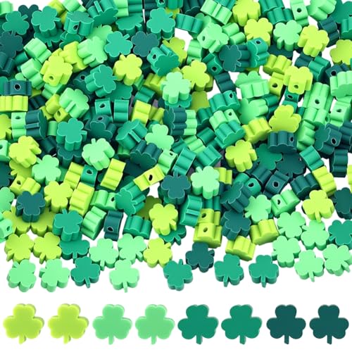 SUNNYCLUE 1 Box 300pcs St. Patrick's Day Clover Beads Lucky Clover Beads Good Luck Shamrock Irish Green Three Leaf Shape Clay Loose Spacers for Jewelry Making Supplies Birthday Wedding Crafts DIY - style: Style 2