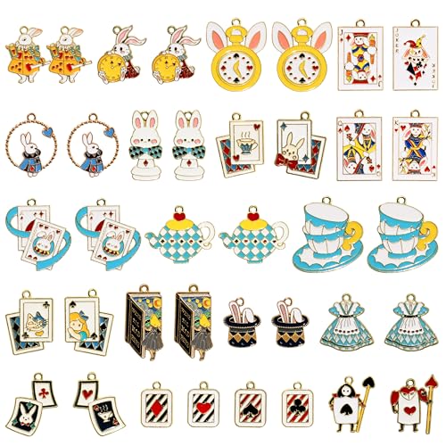38Pcs Wonderland Gold Charms Pendants - Fairy Tales Tea Rabbit Clock Poker Enamel Charms Cute Earring Necklace Bracelet Keychains Pendant for Jewelry Making DIY Crafts Birthday Tea Party Gifts
