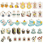 38Pcs Wonderland Gold Charms Pendants - Fairy Tales Tea Rabbit Clock Poker Enamel Charms Cute Earring Necklace Bracelet Keychains Pendant for Jewelry Making DIY Crafts Birthday Tea Party Gifts