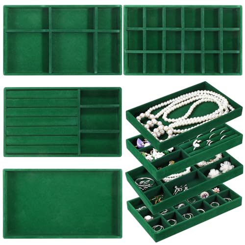 Dimeho Set of 8 Stackable Jewelry Trays Velvet Jewelry Organizer Display Case Storage Drawer Inserts Jewlery Container for Necklace Bracelet Rings Watch Earrings (Green)