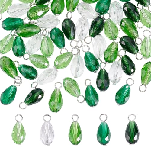PH PandaHall 50pcs Faceted Teardrop Charms 5 Colors Transparent Glass Crystal Pendants 0.8" Green Series Glass Charms Dangle Pendants for Necklace Earring Bracelet Jewelry Craft Making
