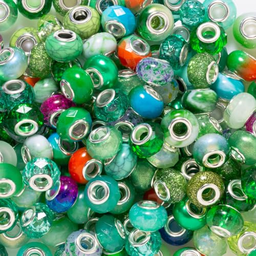 ZHIYUXI 100PCS Green European Large Hole Assorted Beads Bulk for Jewelry Making Big Hole Spacer Lampwork Murano Beads for Charms Bracelet Making Necklace Pens DIY Craft - color: I-Green Mix