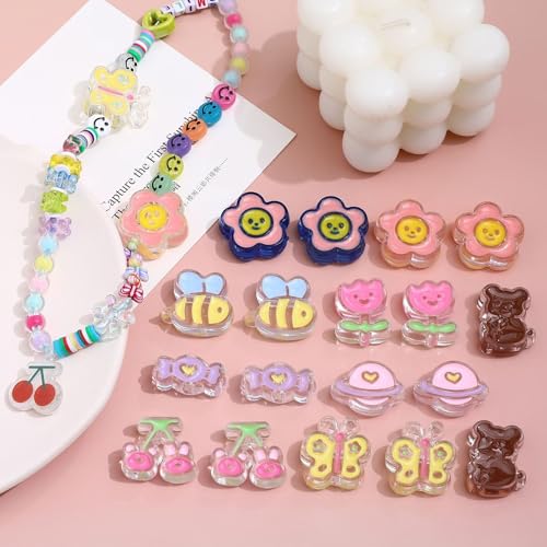 40PCS 20 Styles Large Acrylic Cute Assorted Beads for Jewelry Making Candy Tulip Flower Bear Duck Bee Butterfly Beads for Necklace Earrings Braclets Crafts Focal Beads Chunky Keychain Phone Charms