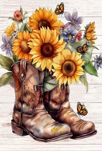 A8MENX0 Sunflower 5D Diamond Art Painting Kits for Adults, Large Easy Diamond Painting Sunflower Kit for Beginner, Gem Bead Art Kit Paint by Diamonds for Adults, Home Wall Decor 12x16 inch - color: Brown Boots - Yellow Sunflowers
