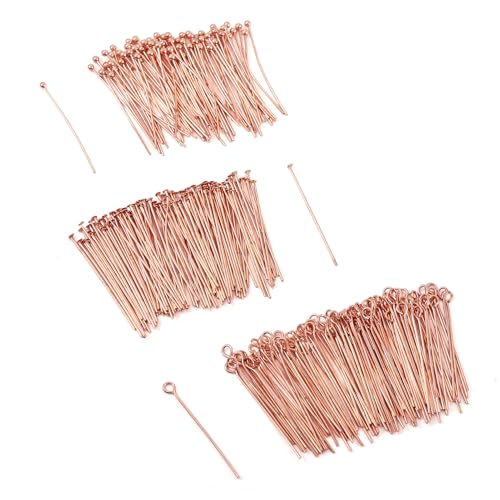 Craftdady 300pcs Rose Gold Flat Head Pins Ball Head Pins Open Eye Pins Metal Wire Headpins Set for Craft Jewelry Making (29.5-30mm) - color: Rose Gold, Eye Pins Kit