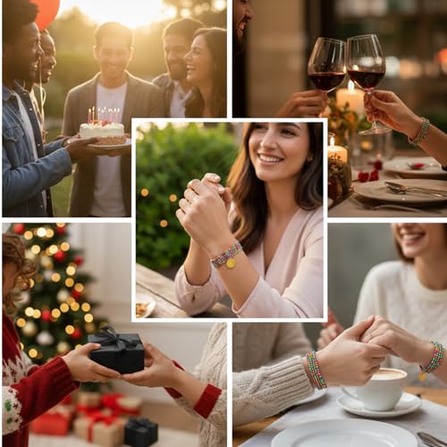 Set of 4 Colorful Bead Initial Bracelets, Personalized Stackable Jewelry, Adjustable Stretchy Charm Bracelets for Women, Beaded Bracelet Set, Trendy Custom Jewelry Gift - style: Colorful Bead - E
