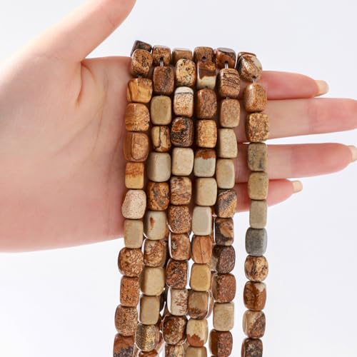 Natural Large Brown Picture Jasper Cube Stone Beads 8x11mm 38cm/str Loose Semi Gemstone Stone Square Beads for Making Bracelets Necklace - color: Brown Picture Jasper