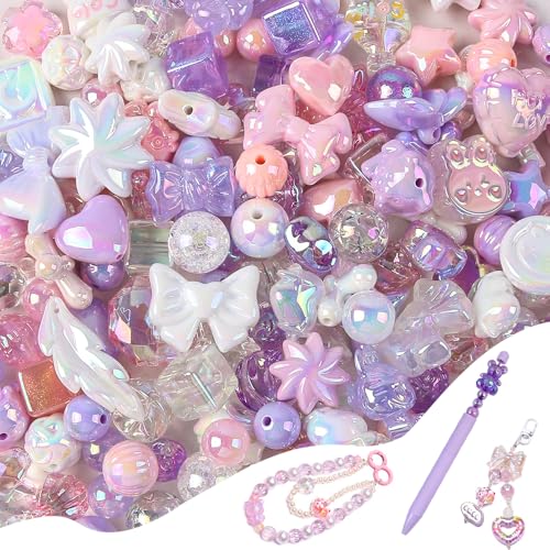 90-120PCS Large Acrylic Pink Purple Glitter Assorted Beads for Bracelet Making UV Plating Focal Beads for Pens Round Flower Bow Bear Heart Cute Bead Bulk for DIY Jewelry Necklace Keychains Phone Charm - color: 2 Color Series-Pink+Purple