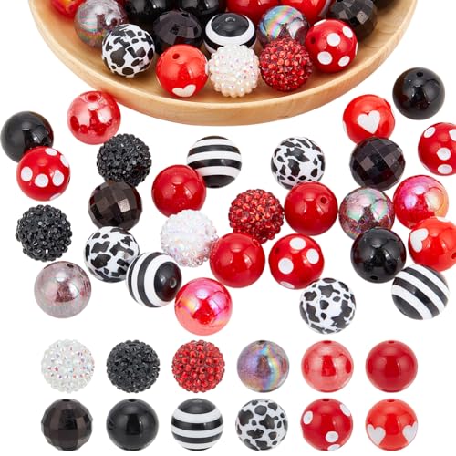 PH PandaHall 20mm Large Bubblegum Beads 50pcs Red Black Pen Beads Chunk Acrylic Loose Beads for Christmas Halloween Garland Jewelry Bracelet Bag Chain Making Wedding Decoration - color: Red Black
