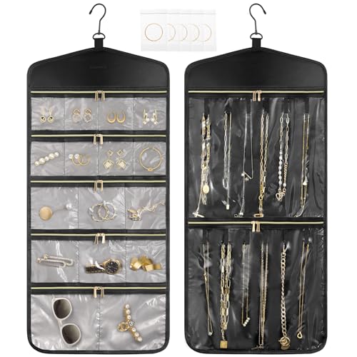 CHICECO Travel Jewelry Holder Organizer,Hanging Jewelry Organizer Storage with Zippered Pockets for Cloest,Jewelry Holder for Earrings, Necklaces (Grey Black) - color: Grey Black